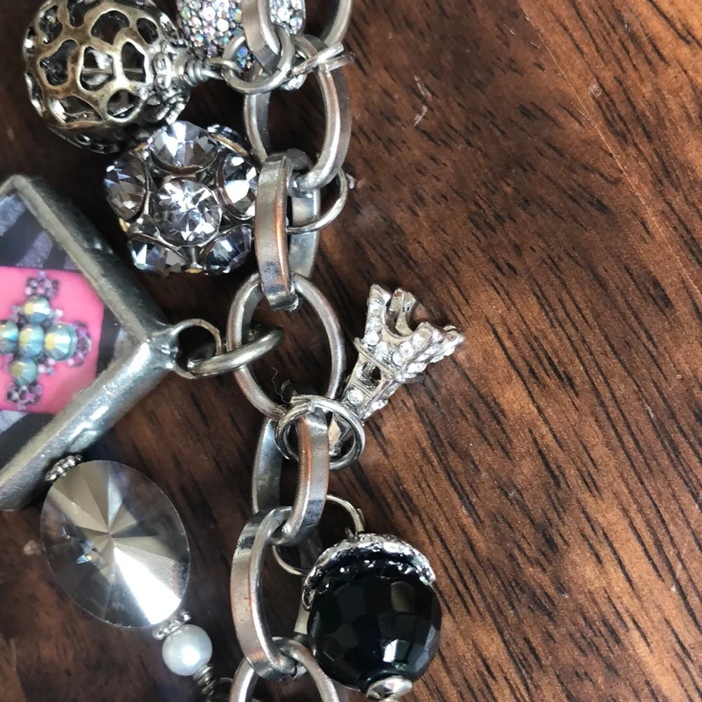 Custom Handmade Charm Bracelet Silver 14 Heavy Charms Cross Toggle Link Chain 7